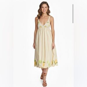 Corey Lynn Calter 100% Organic Cotton Embroidered Lemon Lime Scalloped Midi Dres